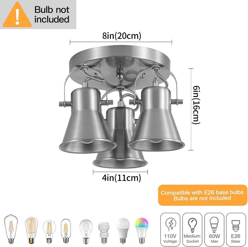 SEEBLEN 3-Light Industrial Track Lighting, Adjustable Round Kitchen Ceiling Light, Morden Nickel Flush Mount Directional Light for Kitchen, Hallway, Dining Room, Bathroom, Coffee Bar - Image 4